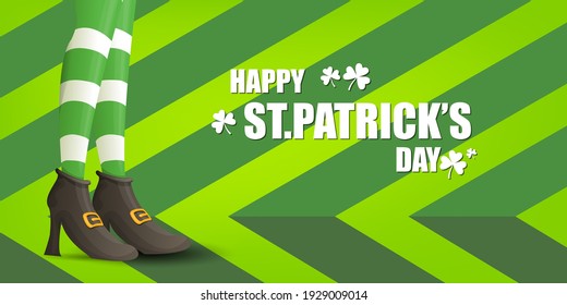 Saint Patricks day horizontal banner with cartoon leprechaun girls legs with green striped stocking on bright green background. Saint Patrick day web banner or poster design template with girl