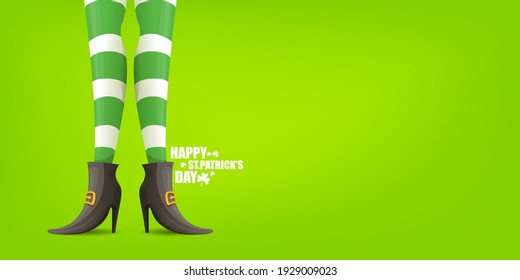 Saint Patricks day horizontal banner with cartoon leprechaun girls legs with green striped stocking on bright green background. Saint Patrick day web banner or poster design template with girl