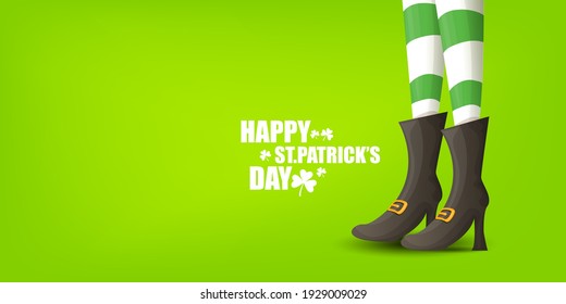 Saint Patricks day horizontal banner with cartoon leprechaun girls legs with green striped stocking on bright green background. Saint Patrick day web banner or poster design template with girl