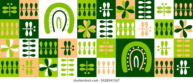 Saint Patricks Day horizontal banner with four leaf clovers, rainbows and dragonflies. Spring print  for card, cup, mug, banner. Hand drawn vector illustration.
