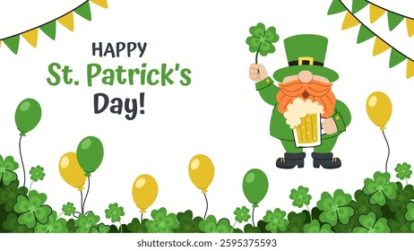 Saint Patrick's Day horizontal banner. Cute leprechaun with beer mug and clover against festive decorations, balloons and four-leaf clover. White background.