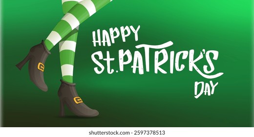 Saint Patricks day horizontal banner with leprechaun girls legs with green striped stocking on dark green modern gradient background with clovers. Saint Patrick day banner, poster design template