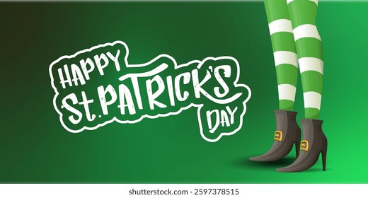 Saint Patricks day horizontal banner with leprechaun girls legs with green striped stocking on dark green modern gradient background with clovers. Saint Patrick day banner, poster design template