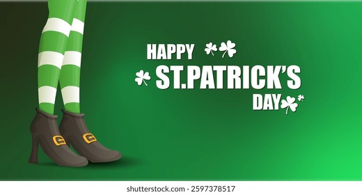 Saint Patricks day horizontal banner with leprechaun girls legs with green striped stocking on dark green modern gradient background with clovers. Saint Patrick day banner, poster design template
