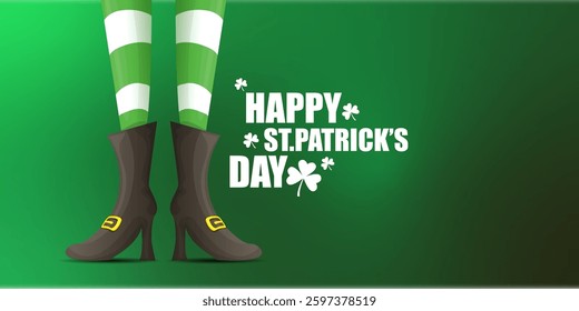 Saint Patricks day horizontal banner with leprechaun girls legs with green striped stocking on dark green modern gradient background with clovers. Saint Patrick day banner, poster design template