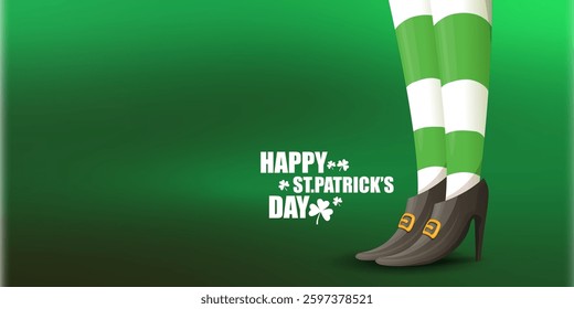 Saint Patricks day horizontal banner with leprechaun girls legs with green striped stocking on dark green modern gradient background with clovers. Saint Patrick day banner, poster design template