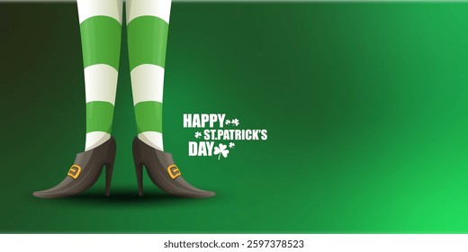 Saint Patricks day horizontal banner with leprechaun girls legs with green striped stocking on dark green modern gradient background with clovers. Saint Patrick day banner, poster design template