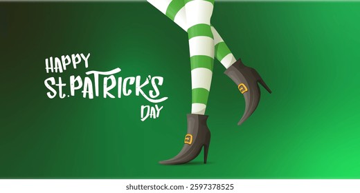 Saint Patricks day horizontal banner with leprechaun girls legs with green striped stocking on dark green modern gradient background with clovers. Saint Patrick day banner, poster design template