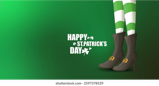 Saint Patricks day horizontal banner with leprechaun girls legs with green striped stocking on dark green modern gradient background with clovers. Saint Patrick day banner, poster design template