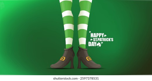 Saint Patricks day horizontal banner with leprechaun girls legs with green striped stocking on dark green modern gradient background with clovers. Saint Patrick day banner, poster design template