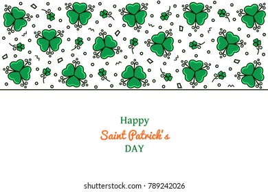 Saint Patrick's Day horizontal banner, background, header, flyer with flat color line icons - shamrock and clover. Irish holiday card, poster, leaflet concept with trefoil - symbol if Ireland. 