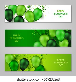 Saint Patrick's Day Horizontal Banners Set with Green Shiny Balloons, Confetti and Serpentine. Vector illustration.