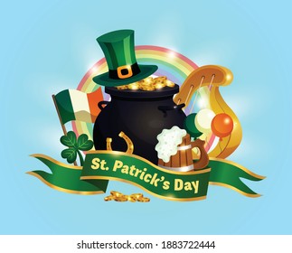 Saint patricks day horizontal composition with text on ribbon flag of ireland hat clover and rainbow vector illustration