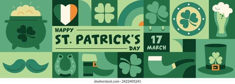 Saint Patrick's day horizontal geometric poster in retro style with symbols of luck. Shamrock, pot of gold coins, pipe, rainbow, horseshoe, beer. Vector template with Irish Elements in green tones. 