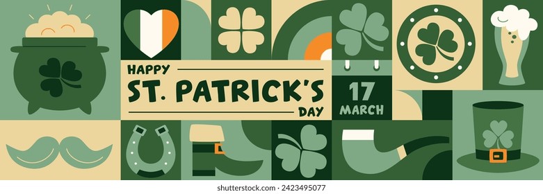 Saint Patrick's day horizontal geometric poster in retro style with symbols of luck. Shamrock, pot of gold coins, pipe, rainbow, horseshoe, beer. Vector template with Irish Elements in green tones. 