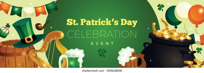 Saint patricks day horizontal poster with editable text and images of irish flags balloons and drinks vector illustration