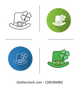 Saint Patrick's Day icon. March 17th. Leprechaun hat with four leaf clover. Flat design, linear and color styles. Isolated vector illustrations