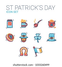 Saint Patrick's day icon set. Vector illustration of holiday celebration for St Patricks. 17 March 2018. Beer, lucky coin, pot, irish, leprechaun, four clover leaf, smoking pipe, horseshoe.