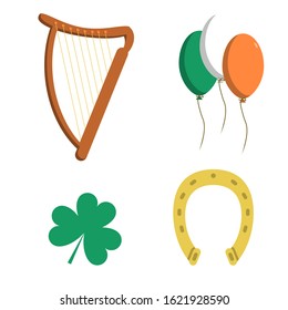 Saint Patricks Day Icon Set: Clover Leaf, Horseshoe, Balloons, Harp. Vector illustration flat design