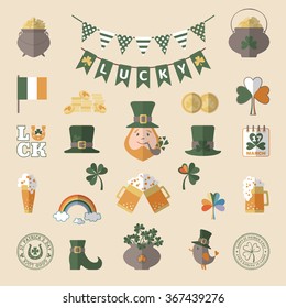 Saint Patrick's day icon set in flat style. Vector illustration