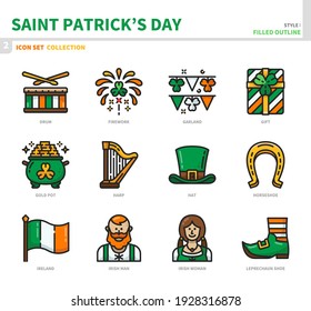 saint patrick's day icon set,filled outline style,vector and illustration