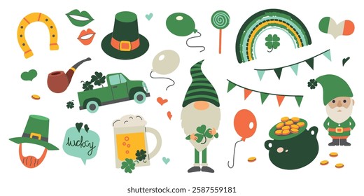 Saint Patrick's Day icons clipart elements set collection. Beer mug, clover, leprechaun green hats, pot of gold coins, gnomes.