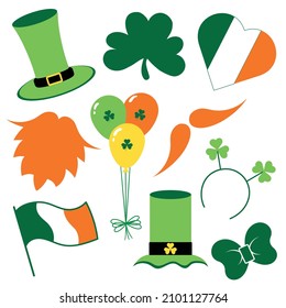 Saint patrick's day icons set in cartoon style isolated on white background. St patrick's day stickers, design elements: hat, beard, mustache, headband with clovers, clover, bow tie, flag of ireland