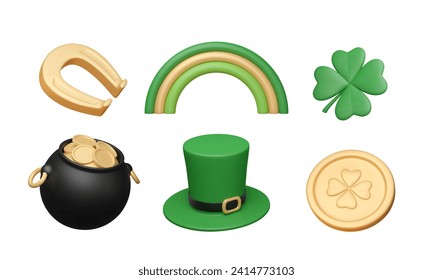 Iconos del Día de San Patricio ambientados en plástico 3d. Ropa de sombrero verde, herradura dorada y moneda, hoja de trébol, arco iris, caldero con dinero, elementos irlandeses aislados. Ilustración vectorial.