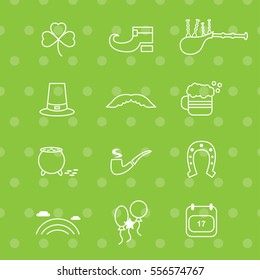 Saint Patrick"s Day Icons with White Background: clover, shoe, bagpipe, hat, moustache, beer, pot with gold, pipe, horseshoe, rainbow, balloons and calendar.
