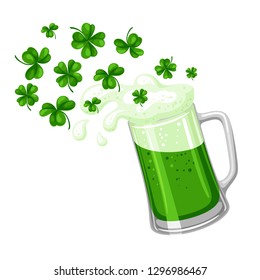 Saint Patricks Day illustration. Ale or beer in mug with clover. Irish festive national items.
