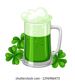 Saint Patricks Day illustration. Ale or beer in mug with clover. Irish festive national items.