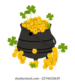 Saint Patricks Day illustration. Cauldron with gold coins and clover. Symbol of luck. Pile of gold, money. Irish festive national items.