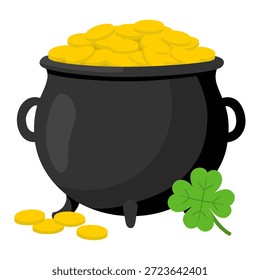 Ilustración del día de San Patricio. Caldero con monedas de oro y trébol. Símbolo de la suerte. Pila de oro, dinero. Artículos nacionales festivos irlandeses.