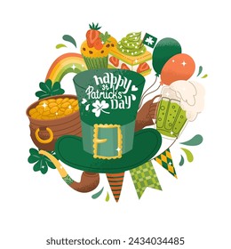 Saint Patrick's Day illustration. Composition of traditional Irish symbols. Congratulations poster for a party. Vector illustration in flat cartoon style isolated on white background.