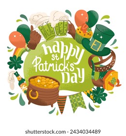 Saint Patrick's Day illustration. Composition of traditional Irish symbols. Congratulations poster for a party. Vector illustration in flat cartoon style isolated on white background.