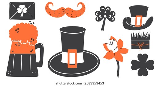 Saint Patrick's Day illustration with festive symbols like a leprechaun hat, clover, and beer mug. Vector hand draw elements. 