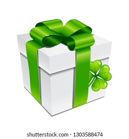 Saint Patricks Day illustration. Gift box with clover. Irish festive icon.