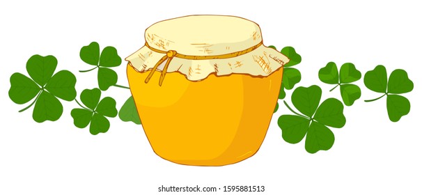 Saint Patricks Day illustration. Leprechaun's pot and gold with clover. St. Patrick's day design element, vector