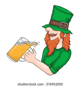 Saint Patricks day illustration - man with red beard. Green hat and beer. Irish symbols.