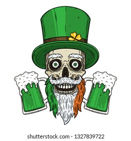Saint Patricks Day illustration. Saint Patrick skull with green hat, glass beer and clover leaves. Skull. Irish skull. 