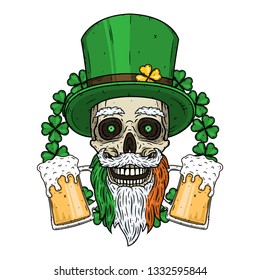 Ilustración del Día de los Patrocinadores. Calavera de San Patricio con sombrero verde, cerveza de cristal y hojas de trébol.Calavera. Calavera irlandesa. 