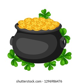 Saint Patricks Day illustration. Pot and gold with clover. Irish festive national items.