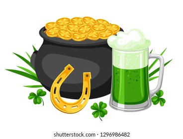 Saint Patricks Day illustration. Pot beer and horseshoe with clover. Irish festive national items.