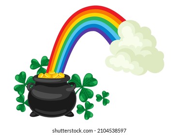 Saint Patricks Day illustration. Pot with gold coins, rainbow and clover.