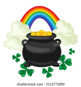 Saint Patricks Day illustration. Pot with gold coins, rainbow and clover.