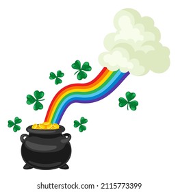 Saint Patricks Day illustration. Pot with gold coins, rainbow and clover.
