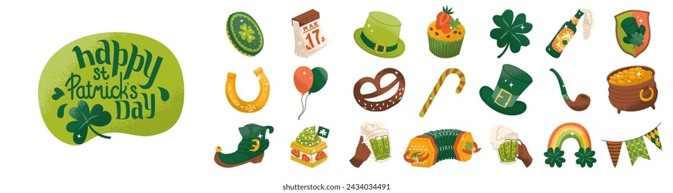 Saint Patrick's Day illustration. Set of traditional Irish symbols. Vector illustration in flat cartoon style isolated on white background.