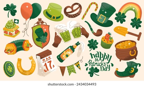 Saint Patrick's Day illustration. Set of traditional Irish symbols. Vector illustration in flat cartoon style isolated on white background.