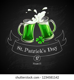 Saint Patrick's day. Illustration with text and two glass toasting mugs with beer on black background. Cheers beer glasses. 
