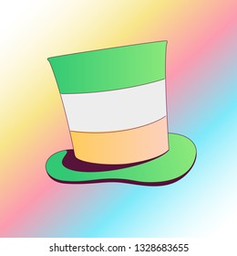 Saint Patricks Day Image Concept. Irish  Leprechaun Hat in Flag colors on a Gradient Rainbow Background. Vector cute illustration.